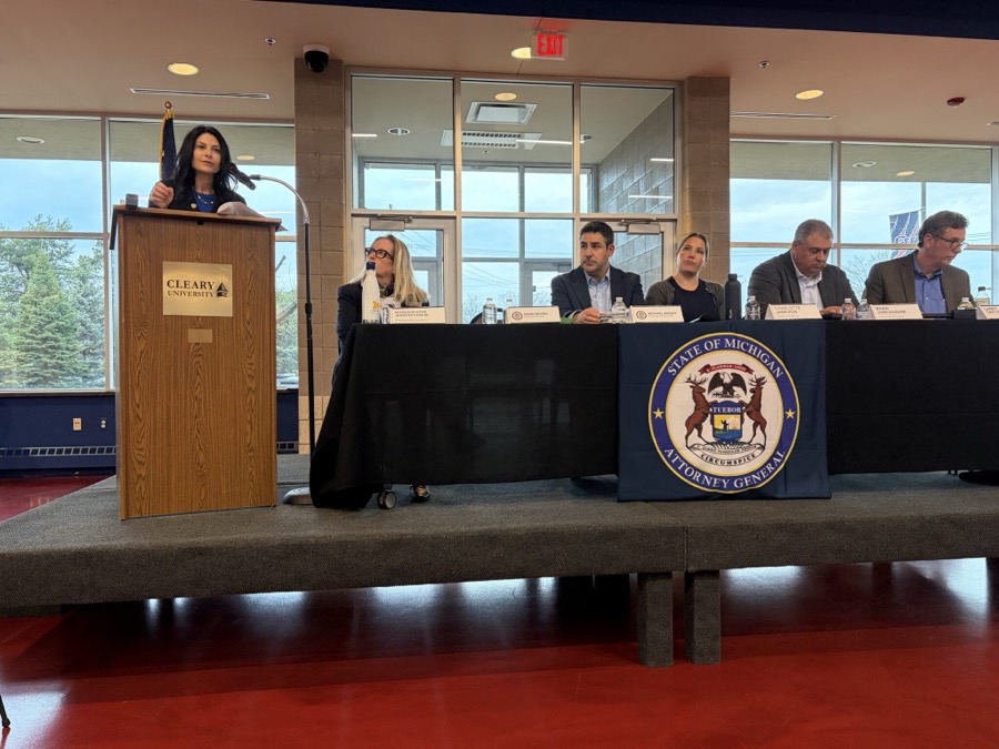 Michigan Attorney General Dana Nessel speaks at data center town hall at Cleary University in Howell. The panel (left to right) featured state Rep. Jennifer Conlin (D-Ann Arbor Township), Assistant Attorney General Michael Moody, Charlotte Jameson, Livingston Drain Commissioner Brian Jonckheere and energy consultant Larry Crittenden. March 30, 2026 | Photo by Leah Craig/Michigan Advance