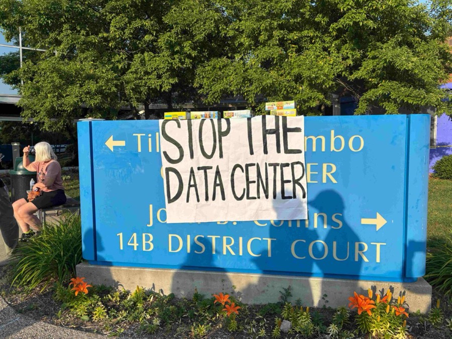 A sign reading 